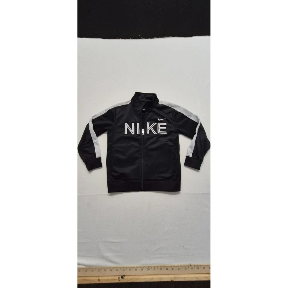 Nike boys black fully zip track jacket white logo & strips‎ on arms sz 6